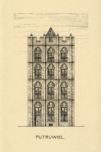 202651 Opstand van de gereconstrueerde voorgevel van het huis Putruwiel (Oudegracht 134) te Utrecht.